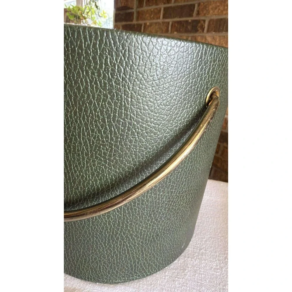 Vintage MCM Retro Ice Bucket Olive Green Faux Leather Gold Tone Barware 7.5in